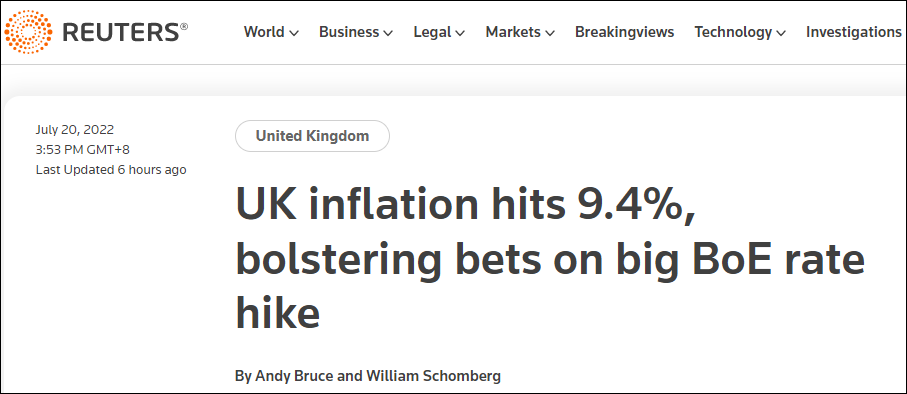 英国6月通胀率达9.4%，连续第三个月“破9”